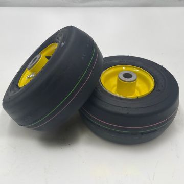 Set of 2 - 9x3.50-4 Yellow Smooth Lawn Mower Wheel, 4 Inch Centered Hub, 3/4" Bearing (Compatible with JD AM115510)